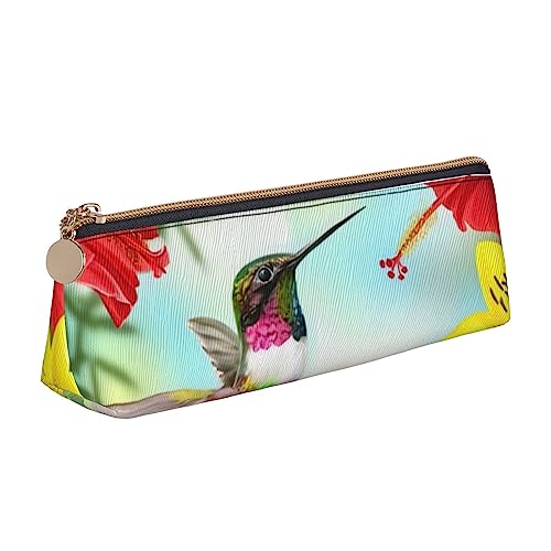 OPSREY Marmor Gemischt Braun Gedruckt Dreieck Bleistift Tasche Reißverschluss Bleistift Tasche Schreibwaren Fall Tragbare Veranstalter, Kolibri, rote Blume, Hibiskus, Einheitsgröße, Münzbeutel von OPSREY