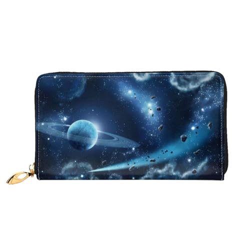 OPSREY Moon Stars and Planets Printed Genuine Leather Wallet Men's and Women Long Clutch Portable Zip Wallet, Mond, Sterne und Planeten, Einheitsgröße von OPSREY