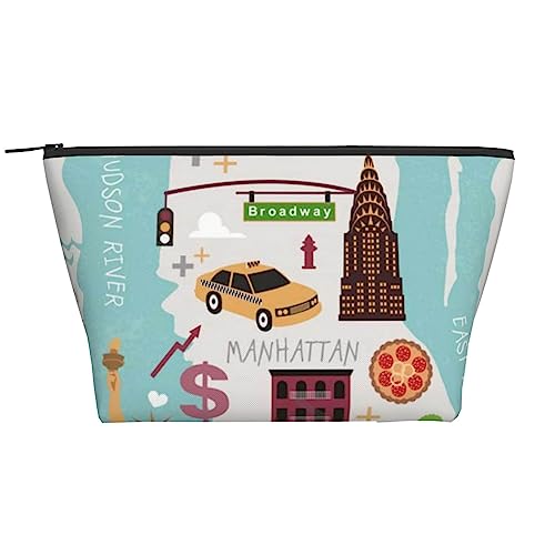 OPSREY New York Karte Illustration Print Make-up Tasche Kosmetiktasche Tragbare Wasserdichte Reißverschluss Kulturbeutel Für Frauen Reisen, Schwarz, Einheitsgröße, Schwarz , Einheitsgröße von OPSREY