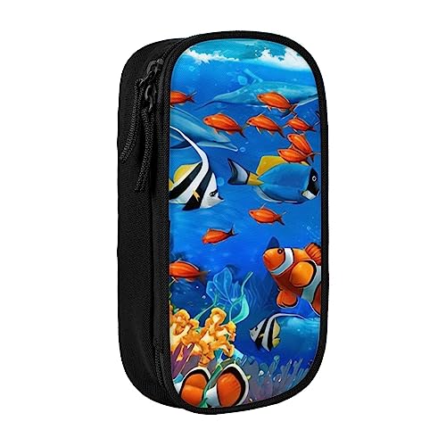 OPSREY Ocean Underwater Delphin Fish Printed Double Pencil Pouch Large Capacity Zip Stationery Case Portable Pencil Case, Ocean Tropical Fish Coral Undersea World, Einheitsgröße, Münzbeutel von OPSREY