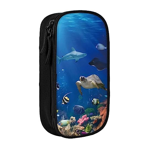 OPSREY Ocean Underwater Delphin Fish Printed Double Pencil Pouch Large Capacity Zip Stationery Case Portable Pencil Case, Ozean Tropische Fische Schildkröte Hai, Einheitsgröße, Münzbeutel von OPSREY