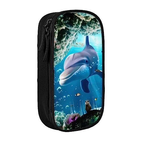 OPSREY Ocean Underwater Delphin Fish Printed Double Pencil Pouch Large Capacity Zip Stationery Case Portable Pencil Case, Ozean Unterwasser-Delfinfisch, Einheitsgröße, Münzbeutel von OPSREY