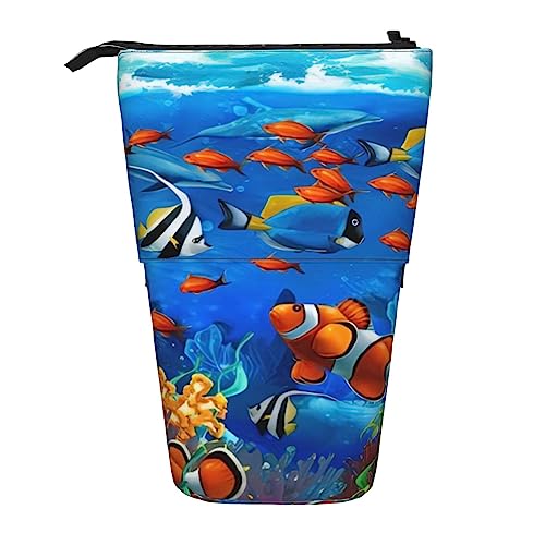 OPSREY Ocean Underwater Delphin Fish Printed Vertical Pencil Pouch Retractable Stationery Organizer Portable Organizer, Ocean Tropical Fish Coral Undersea World, Einheitsgröße, Münzbeutel von OPSREY