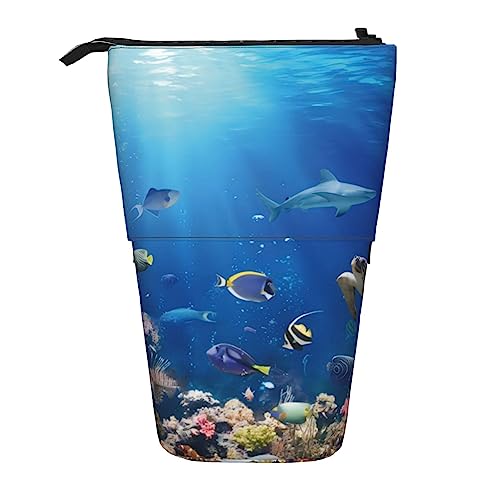 OPSREY Ocean Underwater Delphin Fish Printed Vertical Pencil Pouch Retractable Stationery Organizer Portable Organizer, Ozean Tropische Fische Schildkröte Hai, Einheitsgröße, Münzbeutel von OPSREY