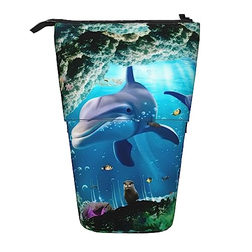 OPSREY Ocean Underwater Delphin Fish Printed Vertical Pencil Pouch Retractable Stationery Organizer Portable Organizer, Ozean Unterwasser-Delfinfisch, Einheitsgröße, Münzbeutel von OPSREY