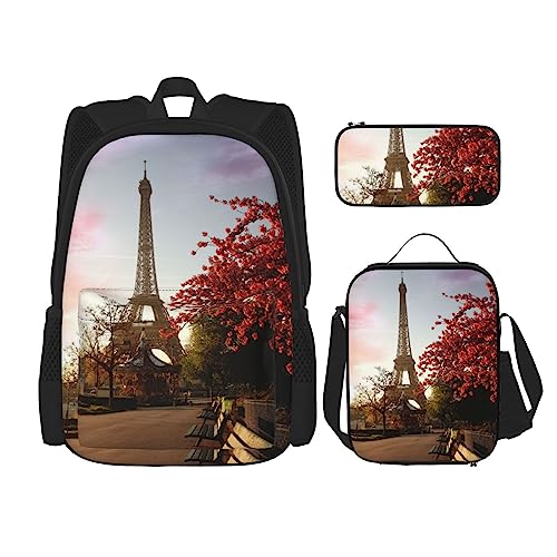 OPSREY Paris City Tree Eiffelturm Kunstdruck Rucksack Große Kapazität Reise Daypack Mit Lunchtasche Und Federmäppchen 3 In 1 Für Damen Herren, Schwarz, Einheitsgröße, Schwarz , Einheitsgröße von OPSREY