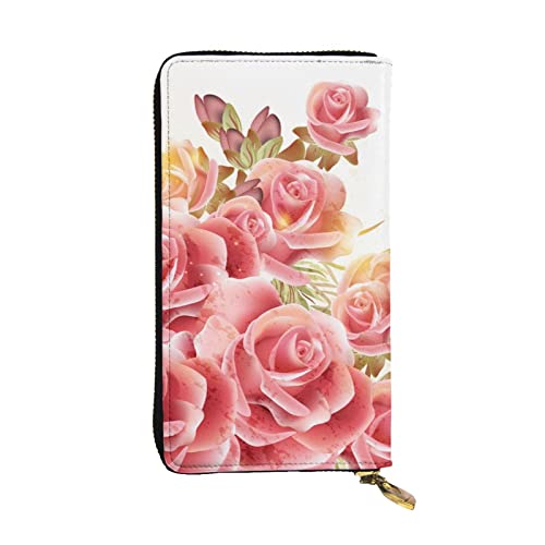 OPSREY Pink Rose Blossom Print Lange Brieftasche Leder Frauen Reißverschluss Rund Geldbörse Clutch Tasche Reise Kartenhalter Geldbörse, Schwarz, Einheitsgröße, Schwarz , Einheitsgröße von OPSREY