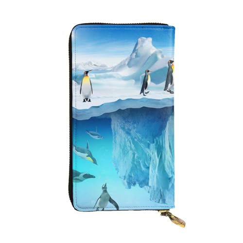 OPSREY Piratenflagge bedrucktes Leder, lange Clutch-Geldbörse, tragbar, mit Reißverschluss, echtes Leder, Pinguine auf dem Eisberg, Einheitsgröße von OPSREY