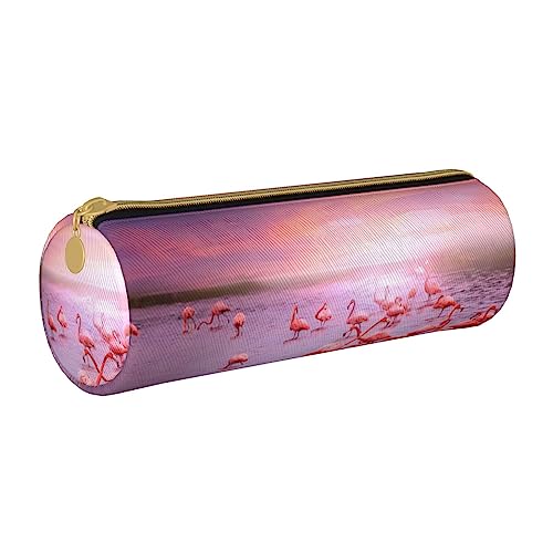 OPSREY Pizza Constellation Gedruckt Runde Leder Bleistift Fall Schreibwaren Organizer Tragbare Bleistift Fall, Rosa Flamingos2, Einheitsgröße, Münzbeutel von OPSREY