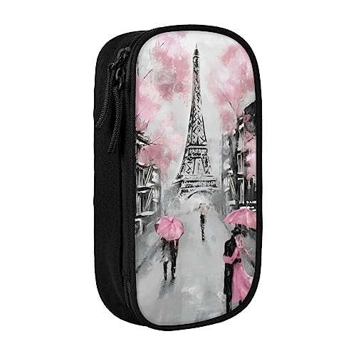 OPSREY Rosa Flamingo Ananas Gedruckt Doppel Bleistift Tasche Große Kapazität Reißverschluss Schreibwaren Fall Tragbare Bleistift Fall, Paris Street Eiffelturm Pink Floral, Einheitsgröße, Münzbeutel von OPSREY