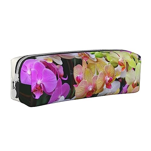 OPSREY Rosa Flamingo am Strand Bedruckte Leder Bleistift Tasche Runde Schreibwaren Fall mit Reißverschluss Tragbare Bleistift Fall, Orchideen, Einheitsgröße, Münzbeutel von OPSREY