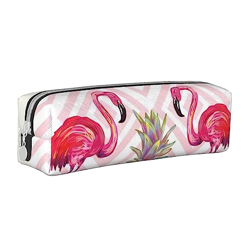 OPSREY Rosa Flamingo am Strand Bedruckte Leder Bleistift Tasche Runde Schreibwaren Fall mit Reißverschluss Tragbare Bleistift Fall, Pink Flamingo Ananas, Einheitsgröße, Münzbeutel von OPSREY