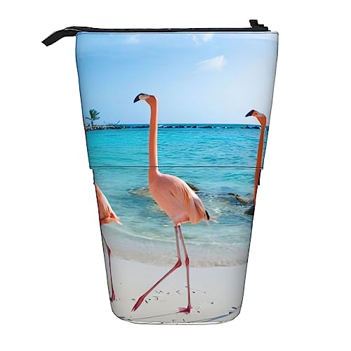 OPSREY Rosa Flamingo am Strand gedruckt vertikale Bleistifttasche einziehbare Schreibwaren Organizer Portable Organizer, Rosa Flamingo am Strand, Einheitsgröße, Münzbeutel von OPSREY