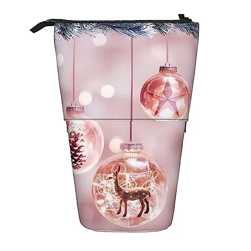 OPSREY Rosa Flamingo am Strand gedruckt vertikale Bleistifttasche einziehbare Schreibwaren Organizer Portable Organizer, Rosa Weihnachtskugel, Einheitsgröße, Münzbeutel von OPSREY