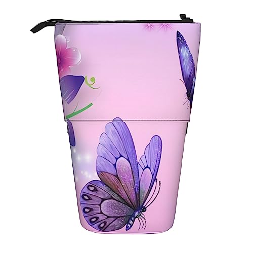 OPSREY Rosa Flamingo am Strand gedruckt vertikale Bleistifttasche einziehbare Schreibwaren Organizer Portable Organizer, rosa Schmetterling (Pink Butterfly), Einheitsgröße, Münzbeutel von OPSREY