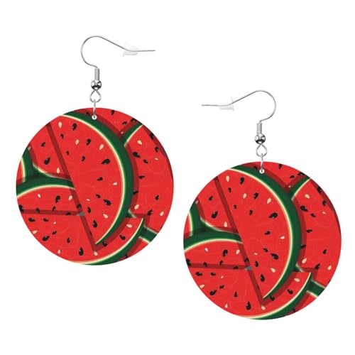 OPSREY Rote Wassermelone bedruckte Damen-Lederohrringe runde Ohrringe leichte baumelnde Ohrringe, Einheitsgröße, Kunstleder von OPSREY