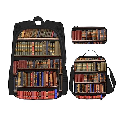 OPSREY Rucksack mit Bibliotheks-Bücherregal-Druck, große Kapazität, Reise, Tagesrucksack mit Lunchtasche und Federmäppchen, 3-in-1, für Damen und Herren, Schwarz, Einheitsgröße, Schwarz , von OPSREY