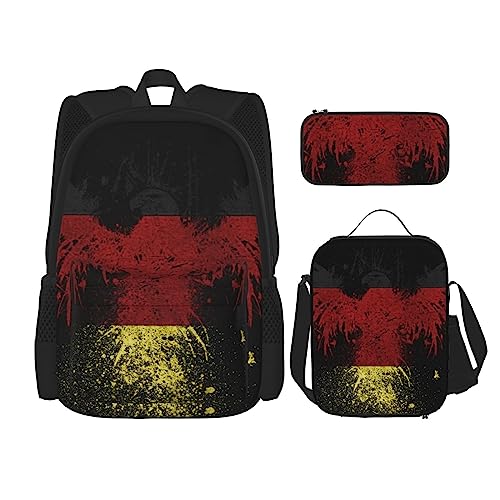 OPSREY Rucksack mit Deutschland-Flagge und Adler-Druck, große Kapazität, Reise, Tagesrucksack mit Lunchtasche und Federmäppchen, 3-in-1, für Damen und Herren, Schwarz, Einheitsgröße, Schwarz , von OPSREY