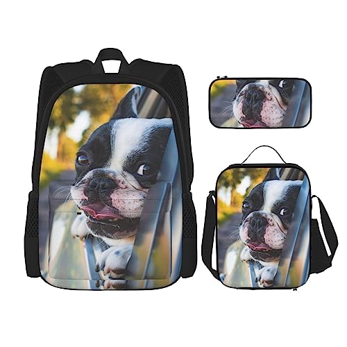 OPSREY Rucksack mit Hundemotiv Boston Terrier, großes Fassungsvermögen, Reise-Tagesrucksack mit Lunchtasche und Federmäppchen, 3-in-1, für Damen und Herren, Schwarz, Einheitsgröße, Schwarz , von OPSREY