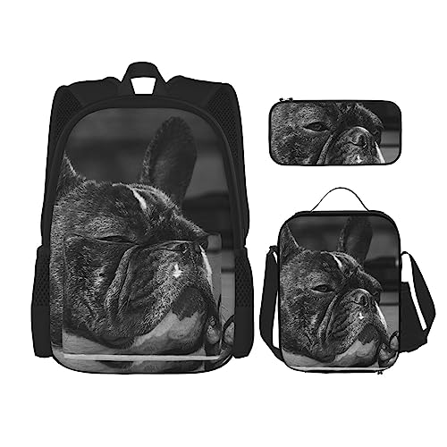 OPSREY Rucksack mit französischer Bulldogge, großes Fassungsvermögen, Reise-Tagesrucksack mit Lunch-Tasche und Federmäppchen, 3-in-1, für Damen und Herren, Schwarz, Einheitsgröße, Tagesrucksäcke, von OPSREY