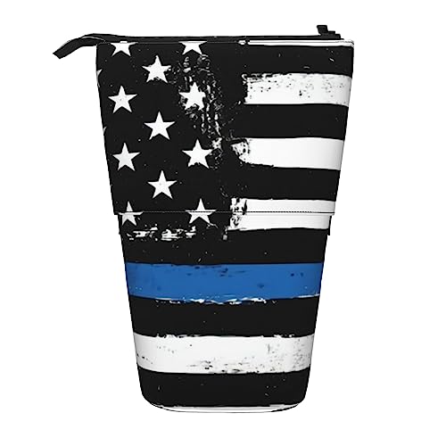 OPSREY Schädel Gedruckt Einziehbare Bleistift Fall Vertikale Organizer Schreibwaren Organizer Tragbare Reißverschluss Bleistift Beutel, Retro Blue Thin Line USA-Flagge, Einheitsgröße, Münzbeutel von OPSREY