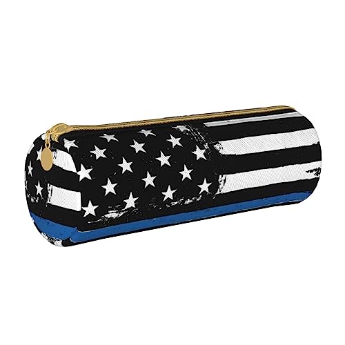 OPSREY Schädel Gedruckt Runde Leder Bleistift Fall Schreibwaren Organizer Tragbare Bleistift Fall, Retro Blue Thin Line USA-Flagge, Einheitsgröße, Münzbeutel von OPSREY