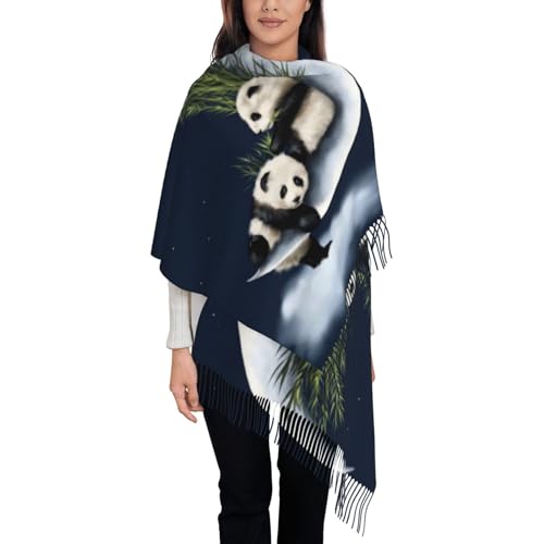 OPSREY Schal mit schwarzen und weißen Blumen bedruckt, weiches Kaschmir-Feeling, Fransen, Schal, Schal, Schal, Halstuch, Panda und Mond, One size von OPSREY