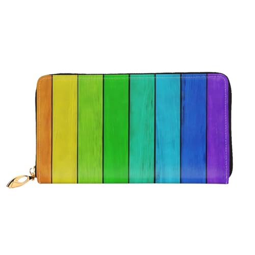 OPSREY Shoes and Makeup Printed Genuine Leather Wallet Men's and Women Long Clutch Portable Zip Wallet, Regenbogenfarbener Holzhintergrund, Einheitsgröße von OPSREY