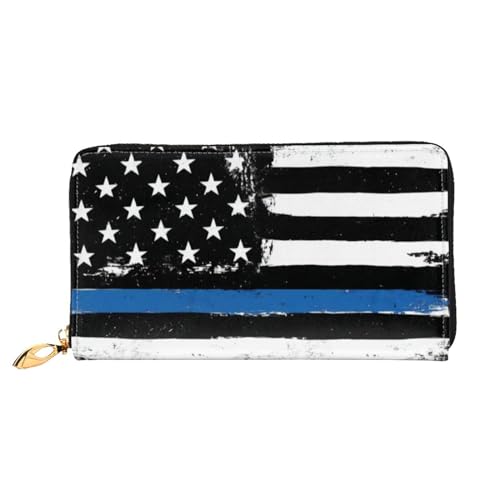 OPSREY Shoes and Makeup Printed Genuine Leather Wallet Men's and Women Long Clutch Portable Zip Wallet, Retro Blue Thin Line USA-Flagge, Einheitsgröße von OPSREY