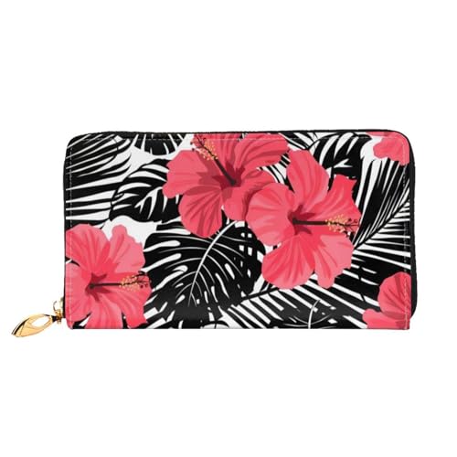 OPSREY Shoes and Makeup Printed Genuine Leather Wallet Men's and Women Long Clutch Portable Zip Wallet, Roter Hibiskus, Einheitsgröße von OPSREY