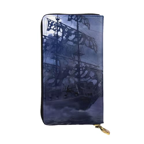 OPSREY Shoes and Makeup Printed Leather Long Clutch Wallet Portable Zip Wallet Genuine Leather Purse, Pirat Segelboot Vollmond, Einheitsgröße von OPSREY