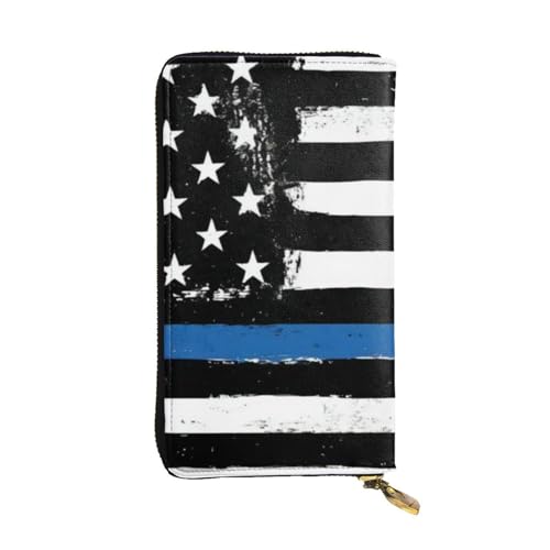 OPSREY Shoes and Makeup Printed Leather Long Clutch Wallet Portable Zip Wallet Genuine Leather Purse, Retro Blue Thin Line USA-Flagge, Einheitsgröße von OPSREY