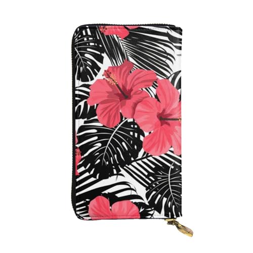 OPSREY Shoes and Makeup Printed Leather Long Clutch Wallet Portable Zip Wallet Genuine Leather Purse, Roter Hibiskus, Einheitsgröße von OPSREY