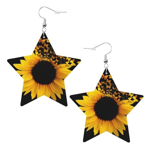 OPSREY Sonnenblumen-Ohrringe, Schmetterlinge mit Kunstdruck, modische Leder-Ohrringe, drapierte Haken-Ohrringe, sternförmige Ohrringe, Einheitsgröße, Kunstleder von OPSREY