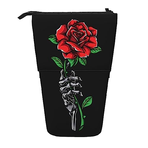 OPSREY Süßes Eis Gedruckt Einziehbare Bleistift Fall Vertikale Organizer Schreibwaren Organizer Tragbare Reißverschluss Bleistift Beutel, Totenkopf Rose, Einheitsgröße, Münzbeutel von OPSREY