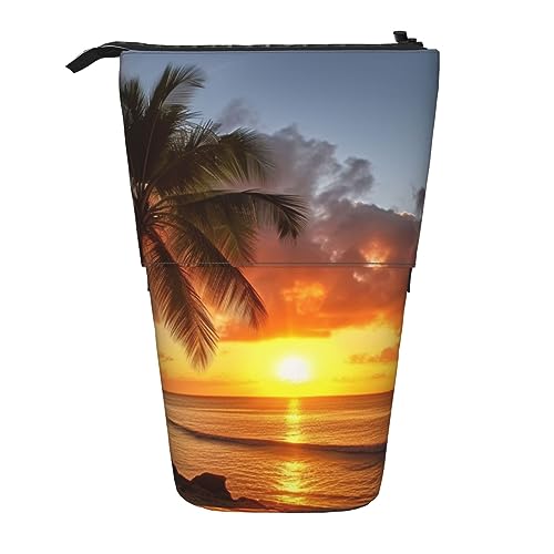 OPSREY Sunset Hawaiian Palm Tree Print Teleskop Bleistift Fall Stifthalter Multifunktions Stehen Bleistift Tasche Für Frauen Männer, Schwarz , Einheitsgröße von OPSREY