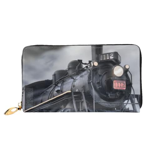 OPSREY Teetassen mit Rosen Romantisch Shabby Gedruckt Echtes Leder Geldbörse Herren und Damen Lange Clutch Tragbar Reißverschluss Geldbörse, Dampflok Wolken, Einheitsgröße von OPSREY