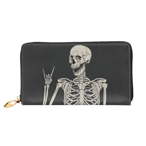 OPSREY Teetassen mit Rosen Romantisch Shabby Gedruckt Echtes Leder Geldbörse Herren und Damen Lange Clutch Tragbar Reißverschluss Geldbörse, Skull Rock Roll Skelett Knochen, Einheitsgröße von OPSREY