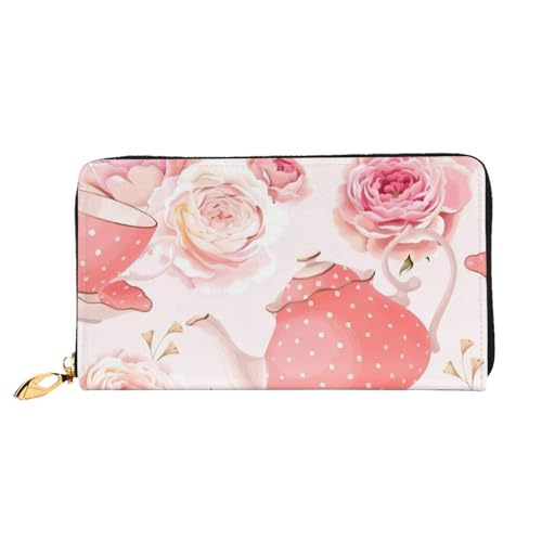 OPSREY Teetassen mit Rosen Romantisch Shabby Gedruckt Echtes Leder Geldbörse Herren und Damen Lange Clutch Tragbar Reißverschluss Geldbörse, Teebecher mit Rosen Romantisch Shabby, Einheitsgröße von OPSREY