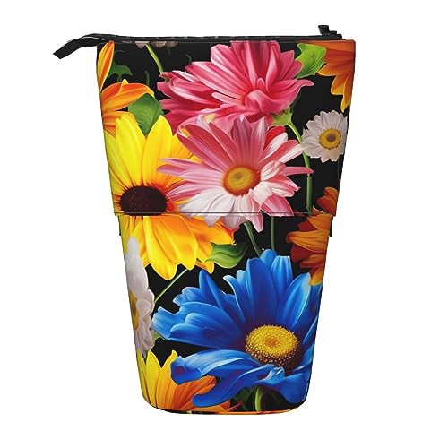 OPSREY Teleskop Bleistift Fall Bleistift Tasche Stehen Up Daisy Sonnenblume Bunte Blumendruck Bleistift Halter Stift Beutel Kosmetik Tasche Mit Reißverschluss Für Männer Frauen, Schwarz , von OPSREY