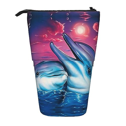 OPSREY Teleskop Bleistift Fall Bleistift Tasche Stehen Up Delphin Print Bleistift Halter Stift Beutel Kosmetik Tasche Mit Reißverschluss Für Männer Frauen, Schwarz , Einheitsgröße von OPSREY