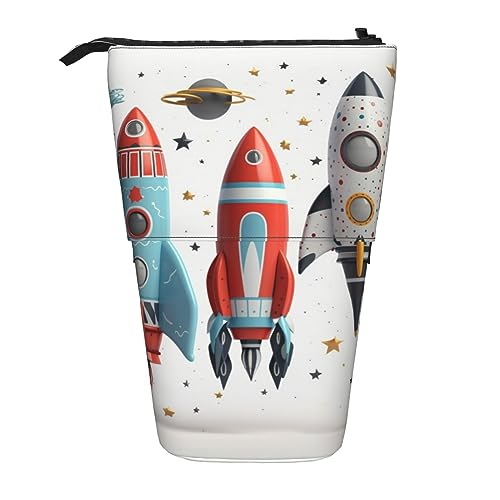 OPSREY Teleskop Federmäppchen Bleistift Beutel Stehen Up Cartoon Raketen Druck Bleistift Halter Stift Tasche Kosmetik Tasche Mit Reißverschluss Für Männer Frauen, Schwarz , Einheitsgröße von OPSREY