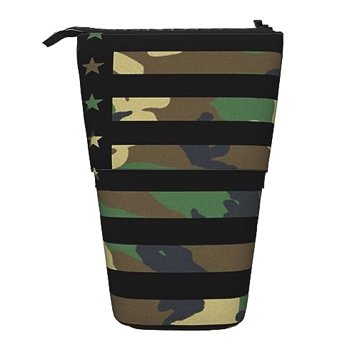 OPSREY Teleskop Federmäppchen Bleistift Tasche Stehen Up Camouflage Stern Usa Flagge Druck Bleistift Halter Stift Beutel Kosmetik Tasche Mit Reißverschluss Für Männer Frauen, Schwarz , Einheitsgröße von OPSREY