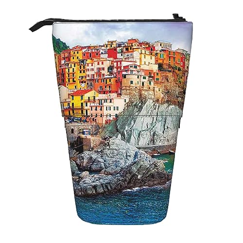 OPSREY Teleskop Federmäppchen Bleistift Tasche Stehen Up Cinque Terre Landschaft Druck Bleistift Halter Stift Beutel Kosmetik Tasche Mit Reißverschluss Für Männer Frauen, Schwarz , Einheitsgröße von OPSREY