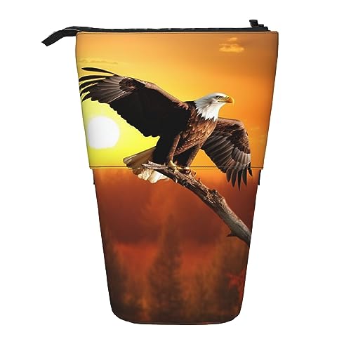 OPSREY Teleskop Federmäppchen Bleistift Tasche Stehen Up Golden Sunset Bald Eagle Print Bleistift Halter Stift Beutel Kosmetik Tasche Mit Reißverschluss Für Männer Frauen, Schwarz , Einheitsgröße von OPSREY