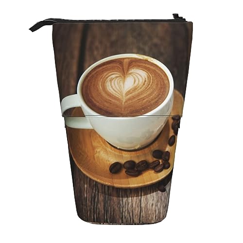 OPSREY Teleskop Federmäppchen Bleistift Tasche Stehen Up Kaffee Mit Herz Muster Print Bleistift Halter Stift Tasche Kosmetik Tasche Mit Reißverschluss Für Männer Frauen, Schwarz , Einheitsgröße von OPSREY