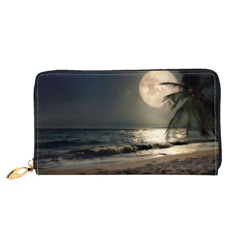 OPSREY Young Penguins with Snow Printed Genuine Leather Wallet Men's and Women Long Clutch Portable Zip Wallet, Tropische Strandpalme mit Vollmond Sternennacht, Einheitsgröße von OPSREY