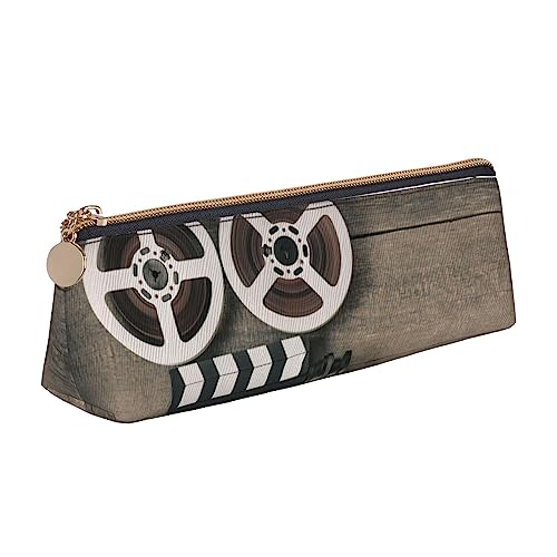 Old Movie Camera Print Leder Bleistift Fall Stift Tasche Dreieck Wasserdicht Bleistift Tasche mit Reißverschluss für Büro, weiß, Einheitsgröße, Münzbeutel von OPSREY