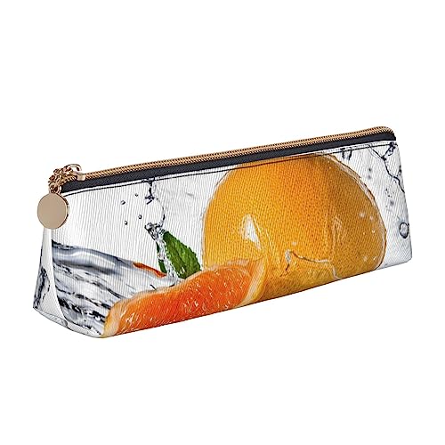 Orange Obst Drucken Leder Bleistift Fall Stift Beutel Dreieck Tragbare Bleistift Tasche Mit Reißverschluss Für Büro, weiß, Einheitsgröße von OPSREY