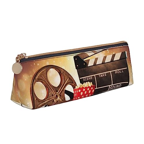 Popcorn und Film Equipment Print Leder Bleistift Fall Stift Tasche Dreieck Wasserdicht Bleistift Beutel mit Reißverschluss für Büro, weiß, Einheitsgröße, Münzbeutel von OPSREY